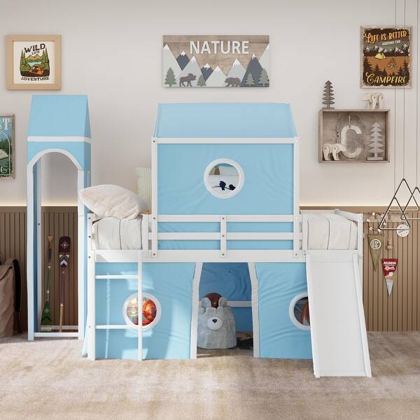 slide 2 of 30, Playhouse Full Size Loft Bed with Slide Pink Tent and Tower, Kids Guardrail Bed with Spacious Under Bed Space