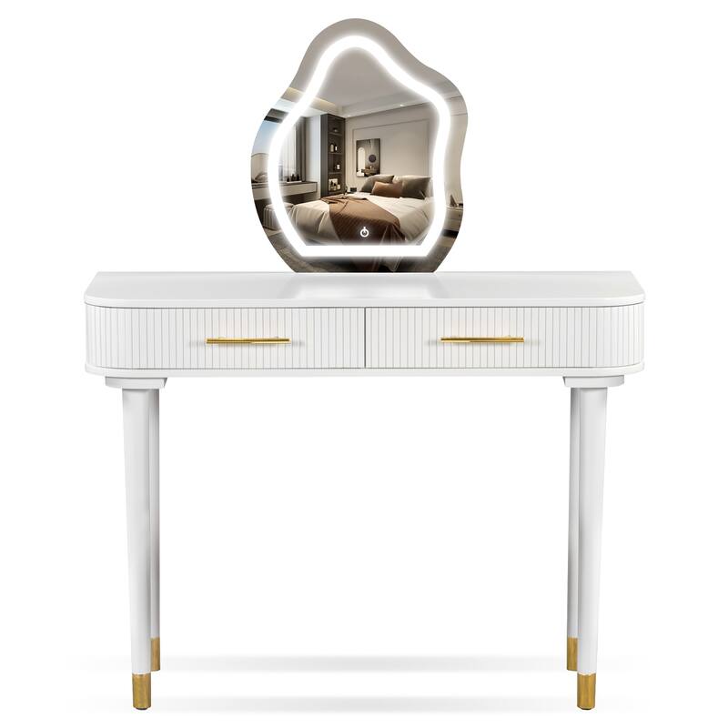 40" Modern Vanity Table Set with Mirror Touch Screen Lighted Mirror, Dressing Table and Cushioned Stool Set with 2 Large Drawers