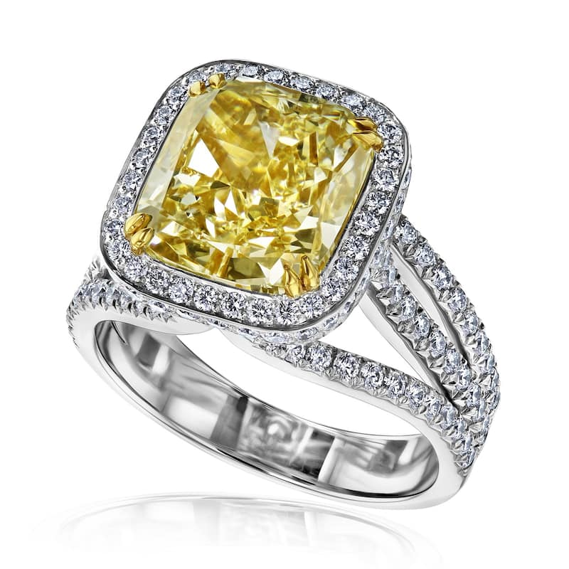 Kobelli 5.94 Carat Fancy Yellow & White Diamond GIA Certified Platinum Cushion Halo Double Split Band Callisto Ring