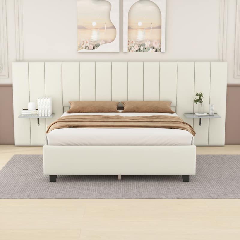 Velvet Upholstered Platform Bed - Beige - Full
