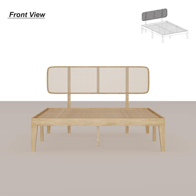 Solid Wood Platform Bed Frame with Rattan Headboard, 600 lbs Heavy Duty Support, Plywood Slats Queen / Full Size