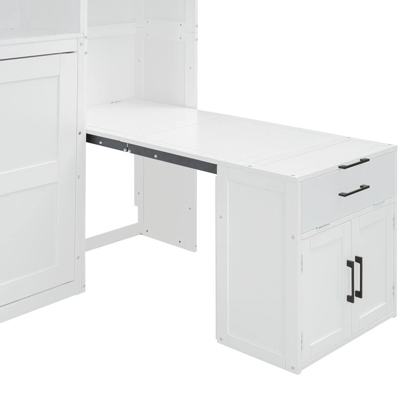 Space-Saving Twin Murphy Bed with Closet, Drawers & Desk in White/Gray