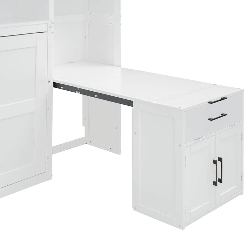 Twin Size Murphy Wall Bed with Closet, Drawers, and Desk, Space-Saving Storage Solution