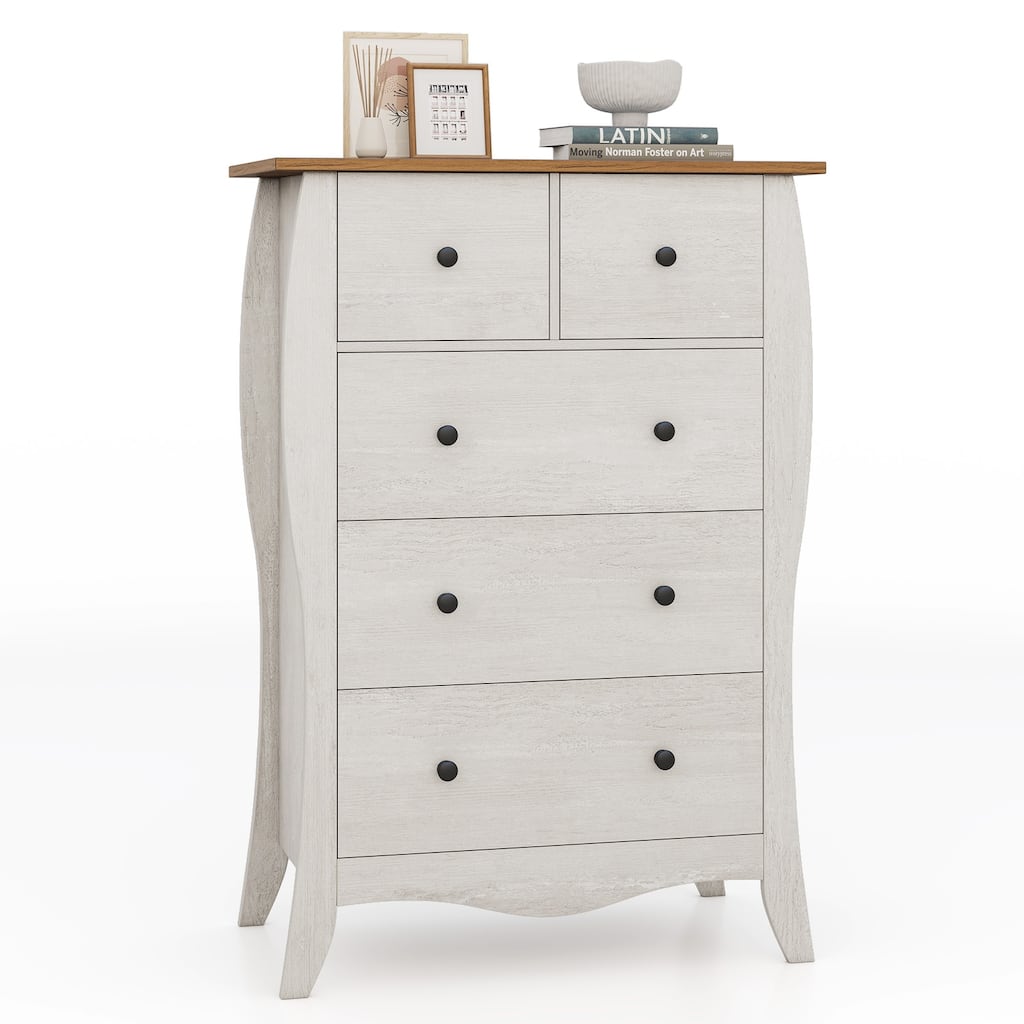 Gymax 38'' Farmhouse Chest of Drawers w/ 5 Folding Fabric Drawers &