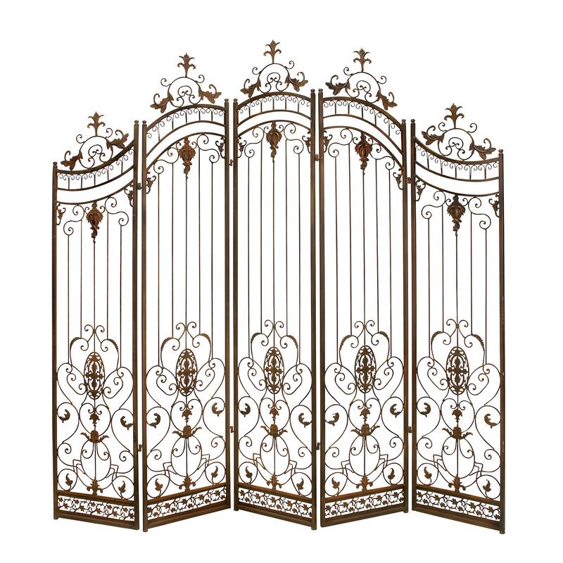 Bronze Metal Hinged Foldable Arched Partition 5 Panel Partition Room Divider Screen with Relief Acanthus Design