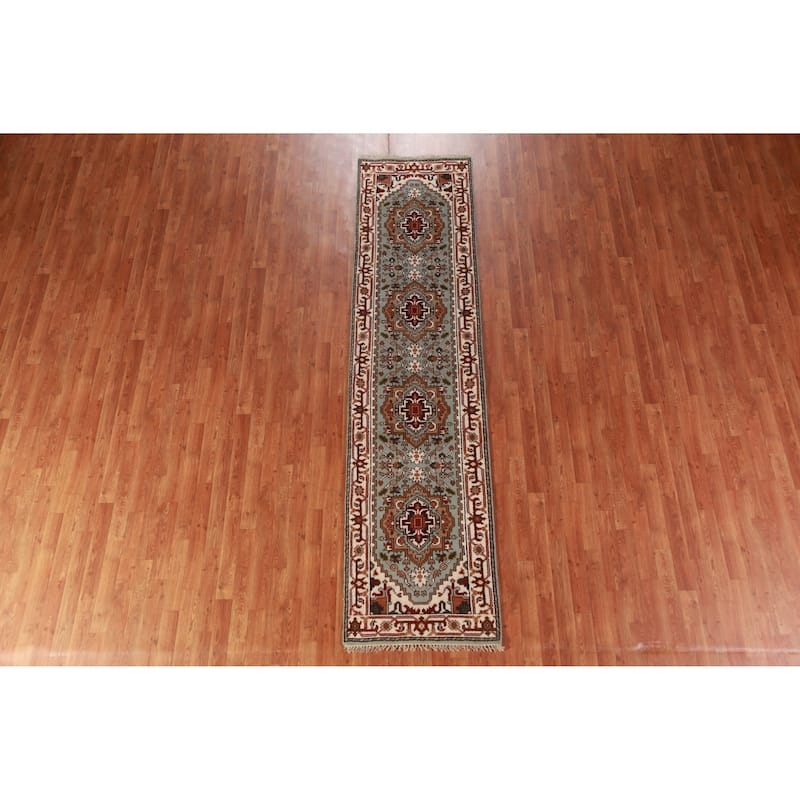 Hand Knotted Oriental 100% Wool Carpet Traditional Geometric Green Heriz (serapi) Runner Rug - 10' 2'' X 2' 6''