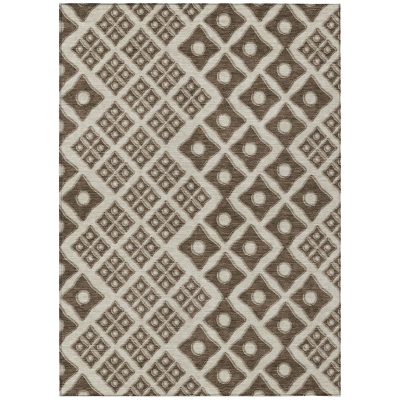 Brown And Beige Geometric Washable Indoor Outdoor Area Rug - 5' X 8'