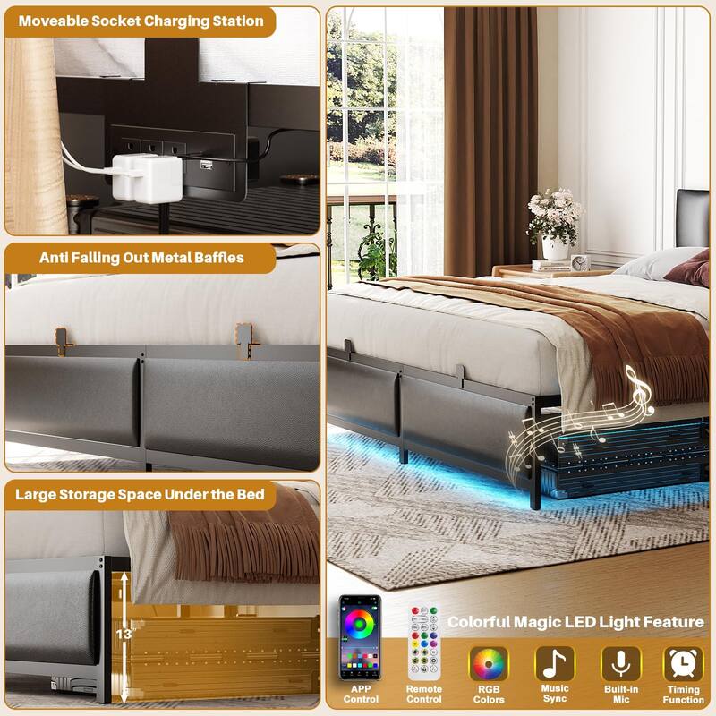 Platform Bed Frame with Ajustable Upholstered Headboard, Bed with USB Port and Charge Station