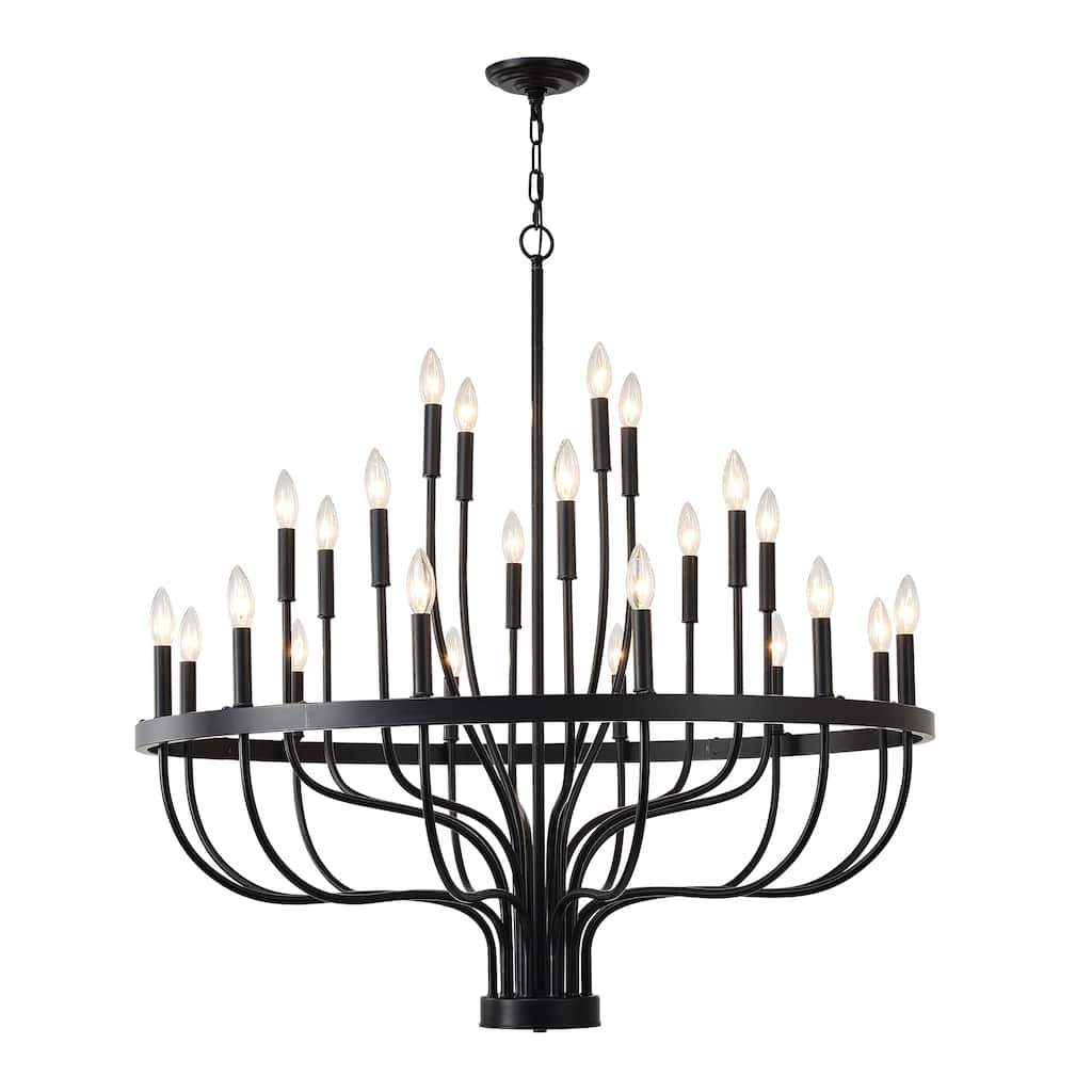 Farmhouse Suspended Pendant Light Fixture 24-Light Black Industrial Iron Candle Chandelier, for Dining Room, Living Room