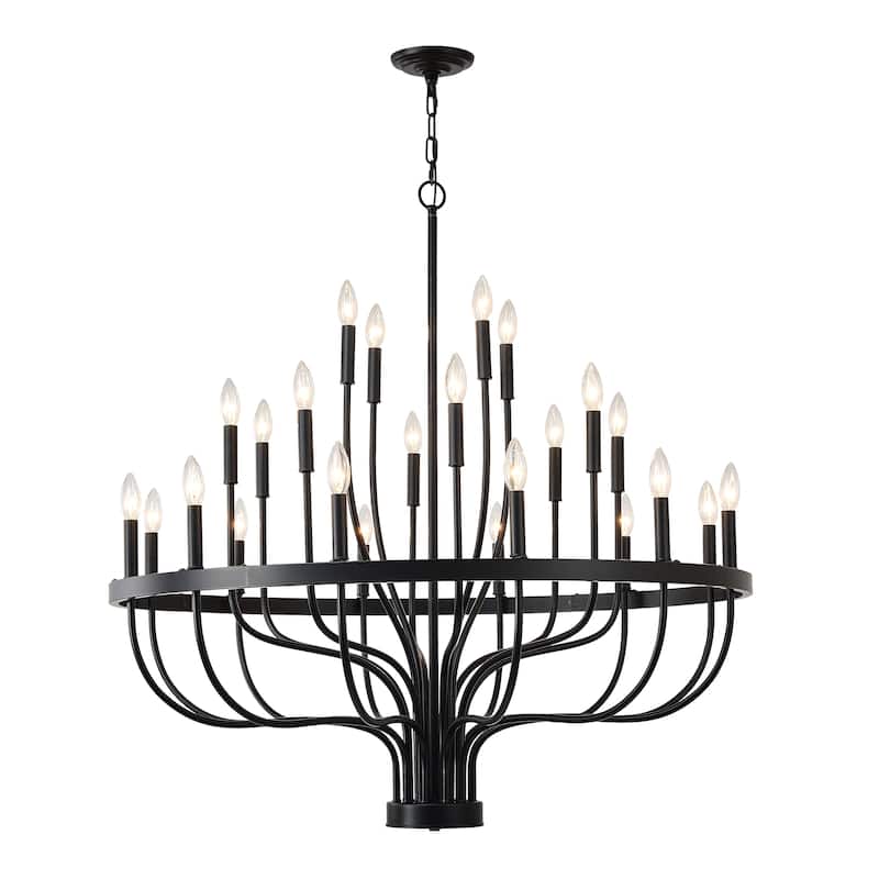 Farmhouse Suspended Pendant Light Fixture 24-Light Black Industrial Iron Candle Chandelier, for Dining Room, Living Room - Black