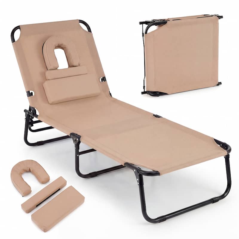 Gymax 2PCS Folding Beach Sun Lounger w/Face Hole Removable Pillows