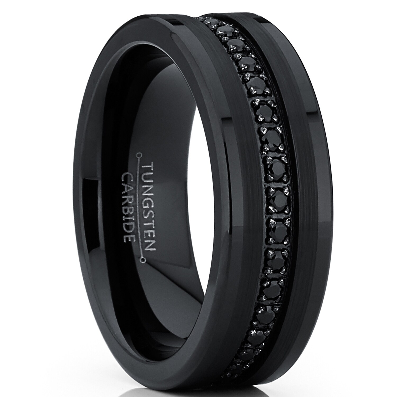 Tungsten Carbide Black Wedding Band Eternity Ring, Cubic Zirconia Inlay