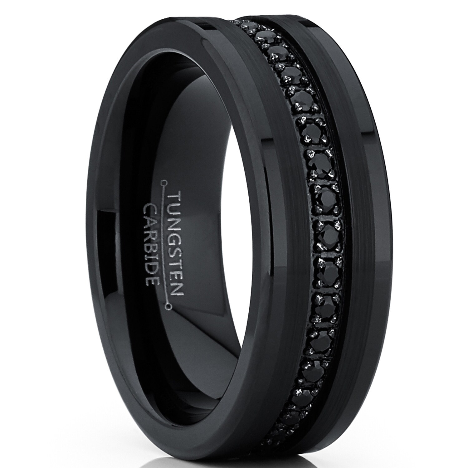 Tungsten Black Wedding Band Eternity Ring CZ Inlay