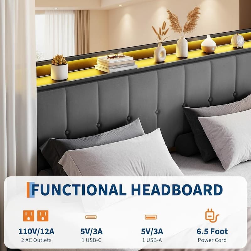 Bed Frame with Lift Up Storage and Charging Station