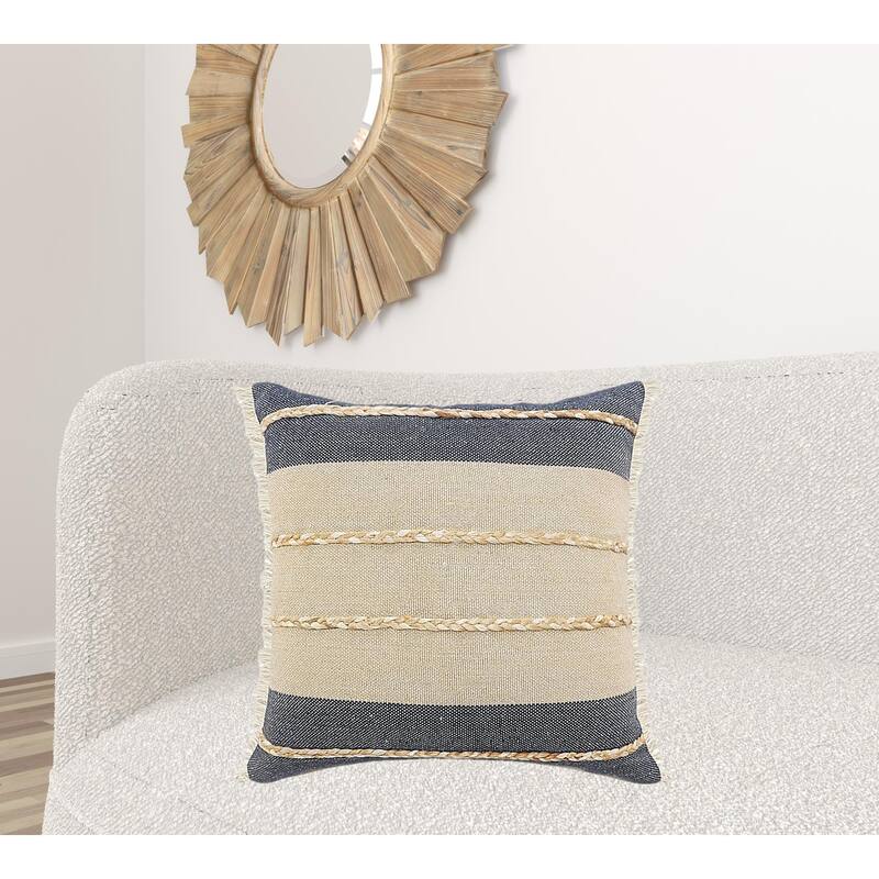 HomeRoots 24" X 24" Denim Blue Tan And Taupe Jute Coastal Zippered Pillow