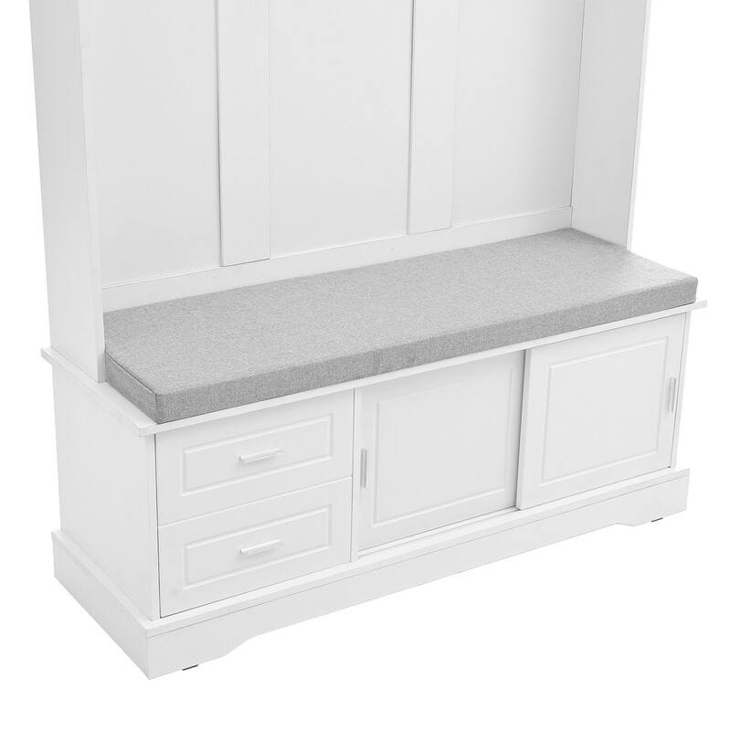 Hall Tree with Sliding Door Bench Cushion Silver Handle Storage Cabinet