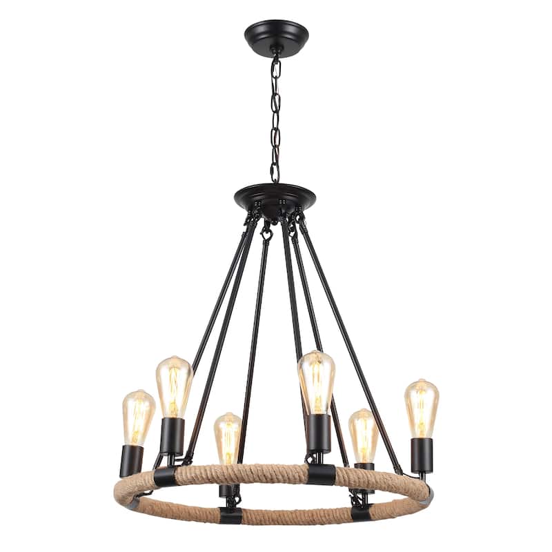 6-Light Farmhouse Chandelier, Modern Wagon Wheel Chandelier for Dining Room Living Room Bedroom Kitchen - W22.83"x H23.26"