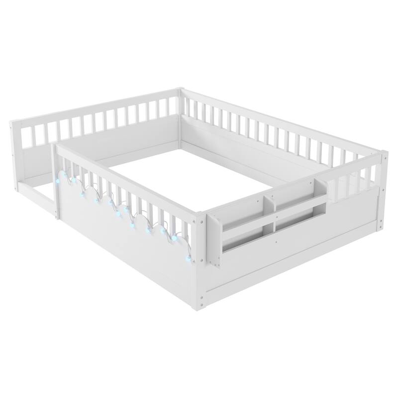 Montessori Floor Bed Frame with High Rails, Wood Toddler Floor Bedframe with Light and Headboard Storage Shelf for Kids Room