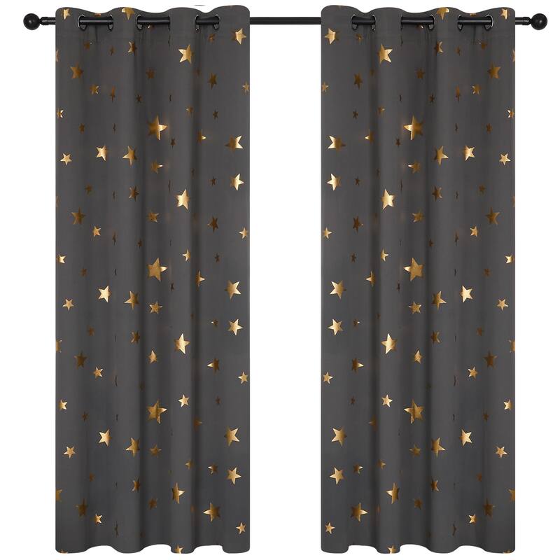 Gold Star Foil Room Darkening Curtains for Kids 2 Panels
