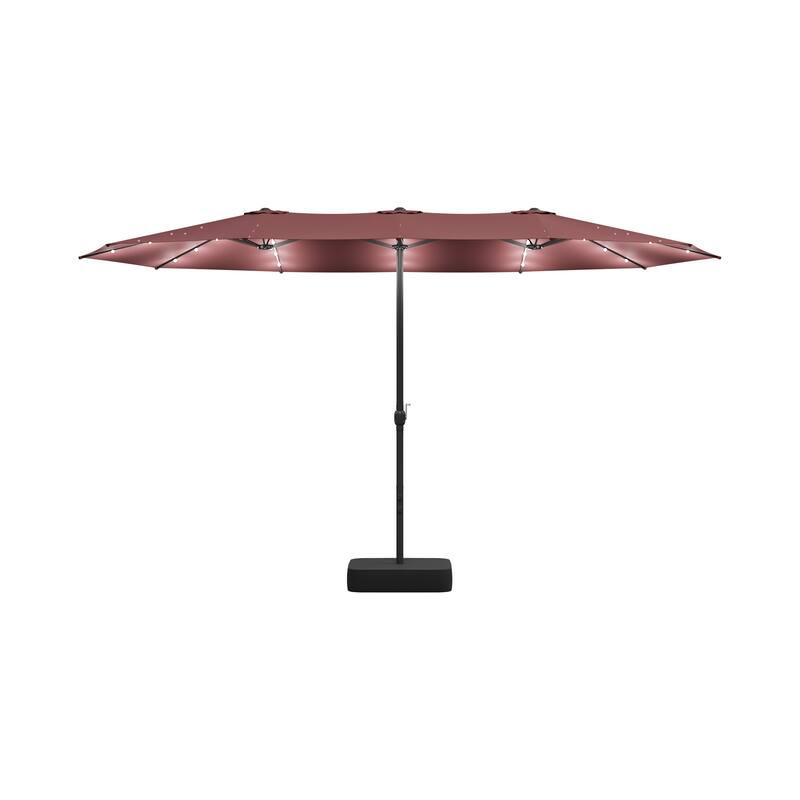 15ft Solar LED Double Patio Umbrella with Base, Extra Large Twin Outdoor Market Umbrella with 36 Lights, 180g Polyester Canopy
