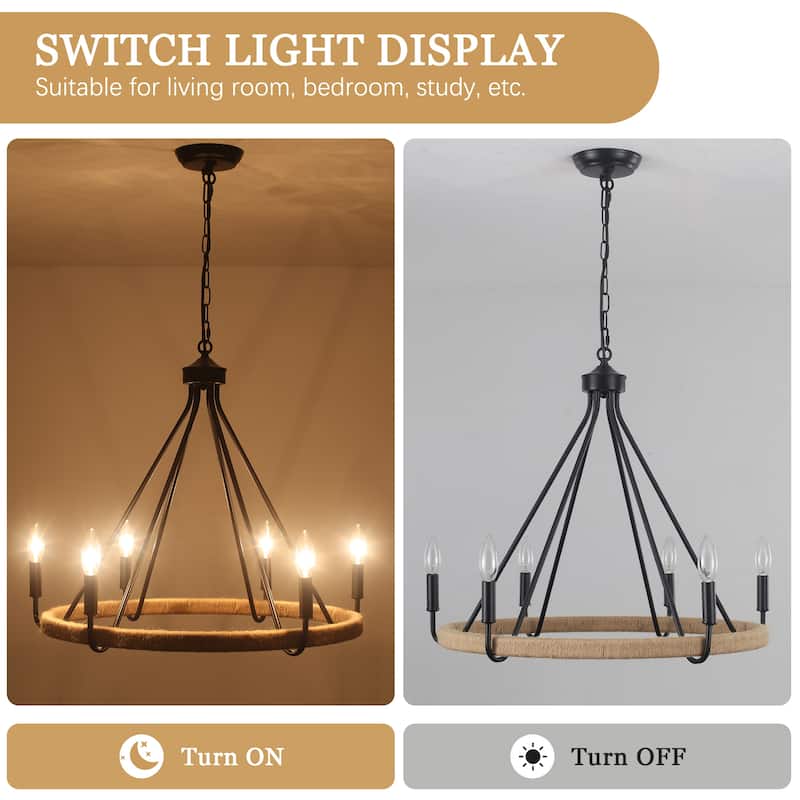 6-Light Candlestick Wagon Wheel Chandelier Hemp Rope Linear Chandelier Lighting Fixture for Kitchen Island