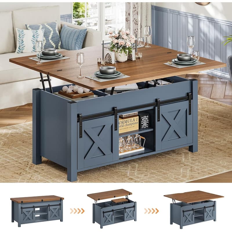 Lift Top Coffee Table 2 Sliding Barn Doors Storage Dining Table - Blue