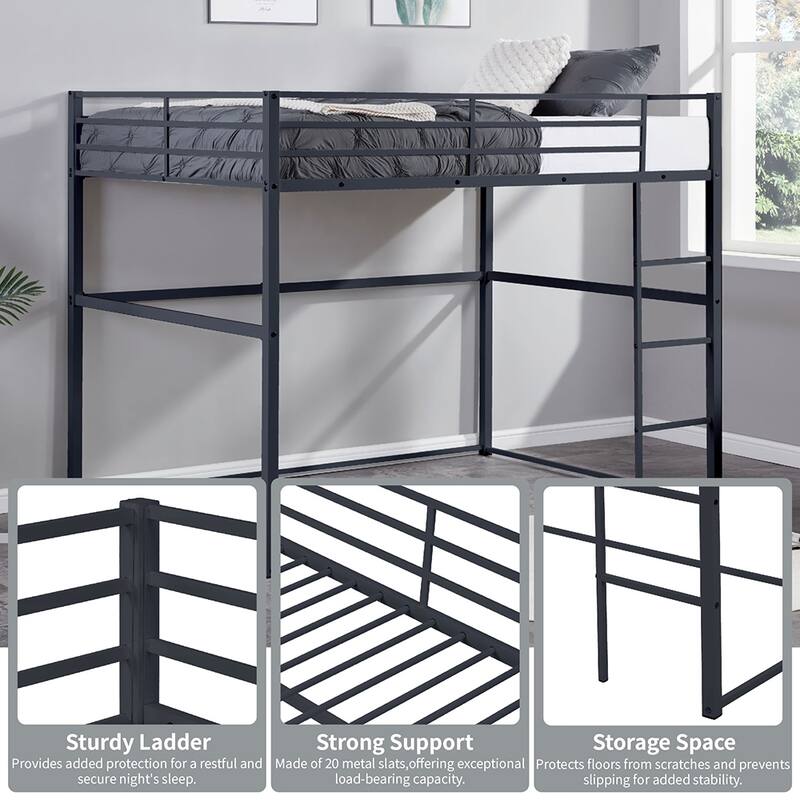 Metal Loft Bed Twin, Loft Bed Frame with Guard Rails and Flat Ladder