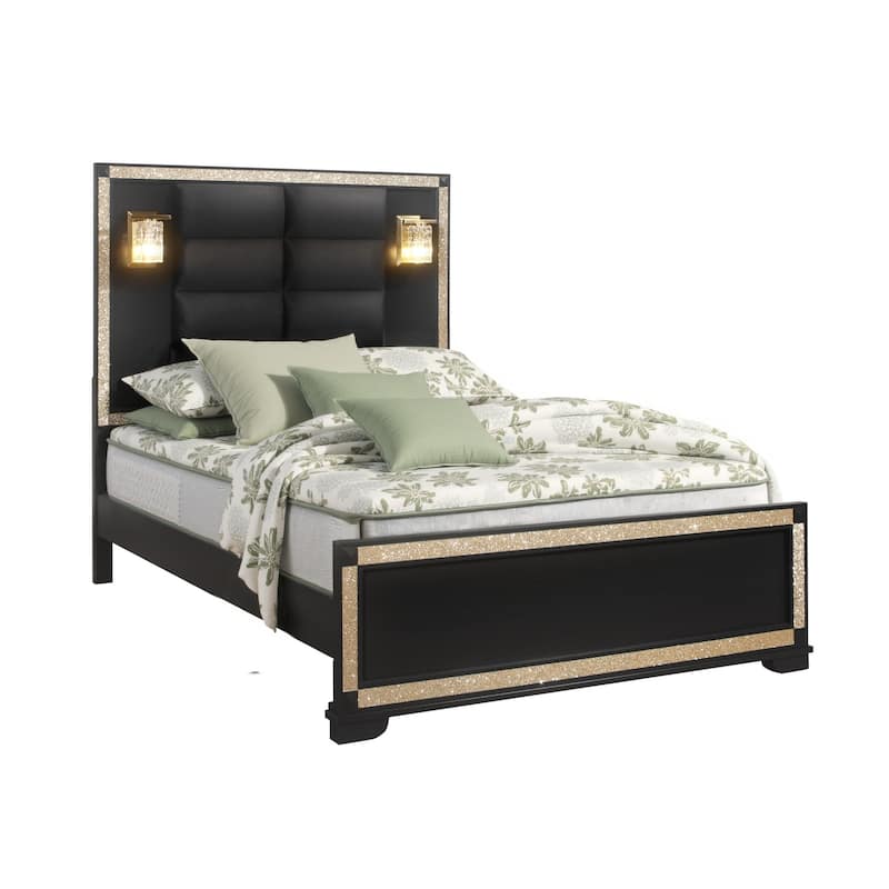 HomeRoots Black And Gold Faux Crystal Bling Wood And Upholstery Lighted Full Bed Frame