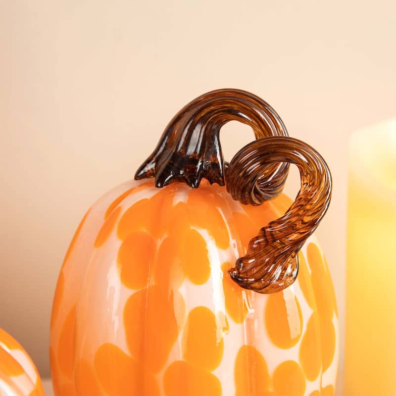 Glitzhome Set of 3 Fall Harvest Orange Dots Glass Pumpkin & Gourd Halloween Thanksgiving Decorating