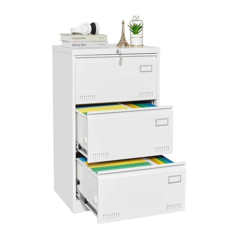 Anmytek White 3 Drawer Lateral Locking Metal Filing Cabinet for Home Office Legal Letter A4 F4 Storage