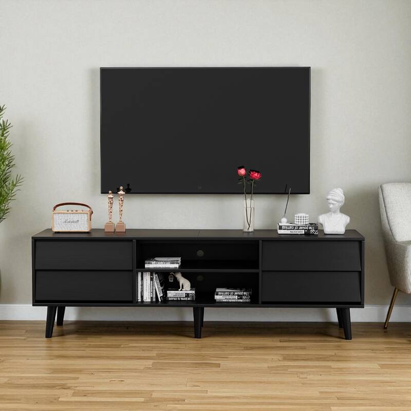 63" Vintage-Style TV Stand with Beveled Design, Media Console with 4 Drawers & 2 Shelves, Solid Wood Legs - Black