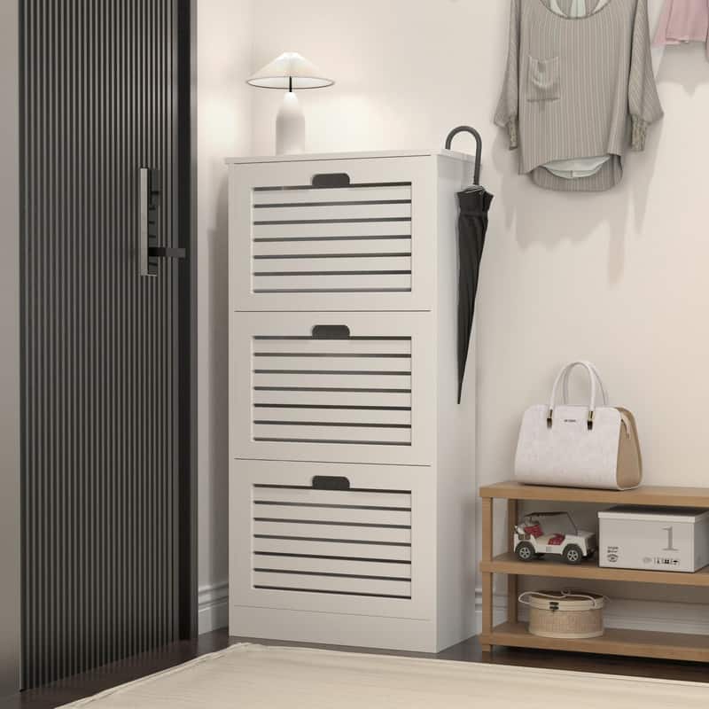 Wooden Shoe Cabinet for Entryway, White Shoe Storage Cabinet with 3 Flip Doors