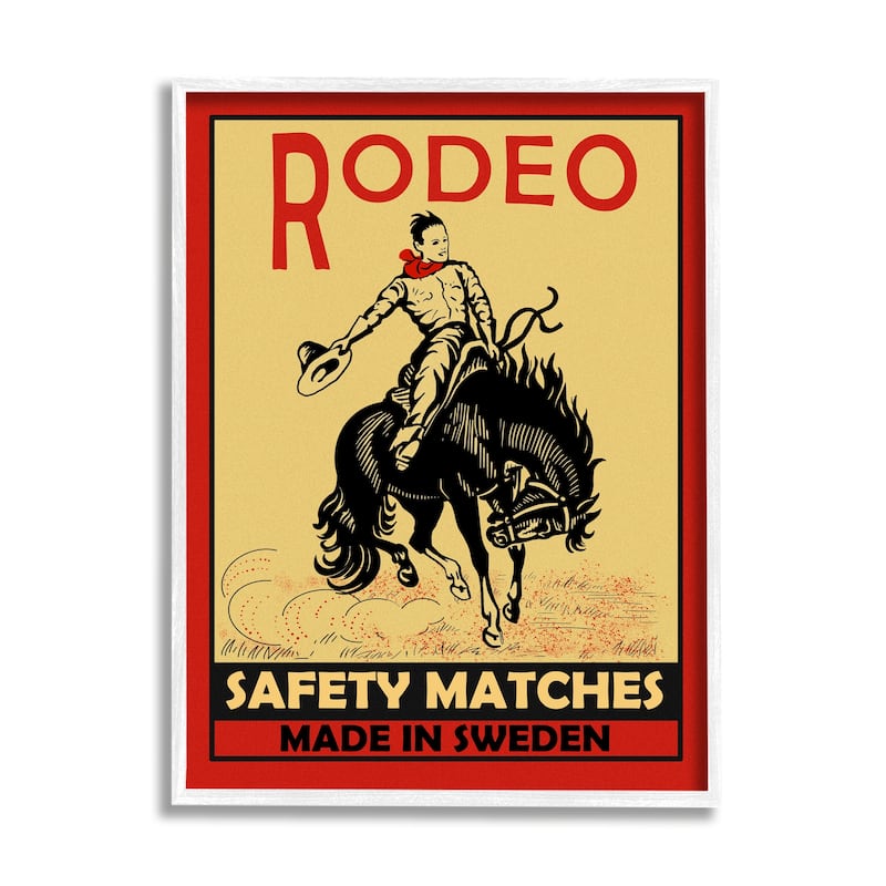 Stupell Rodeo Safety Matches Cowboy Bucking Bronco Red Yellow Framed Wall Art - 16 x 20 - White