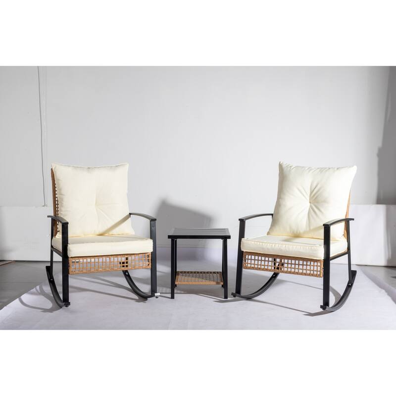 3-Piece Beige Patio Bistro Set with Rattan Rocking Chairs and Coffee Table Outdoor Furniture