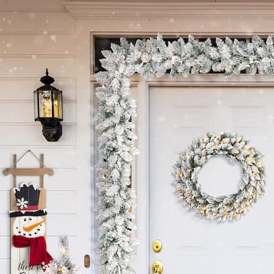 Glitzhome Snow Flocked Christmas Wreath or Garland with LED and Timer