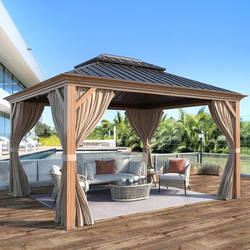 Outdoor Hardtop Gazebo with Galvanized Steel Double Roof & Aluminum Frame, Outdoor pergola with Premium Curtains and Nettings - 10'x12' - Wood Grain