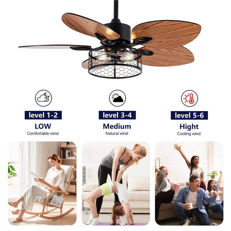 52" Farmhouse Style Wood Walnut Ceiling Fan With Lights and Remote Control, Dimmable LED Optional