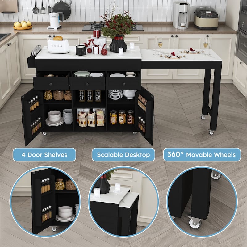 Roomfitters 75 Inch Kitchen Island with Extendable Dining Table, Rolling Kitchen Cart with Power Outlet & Storage Cabinet, Black