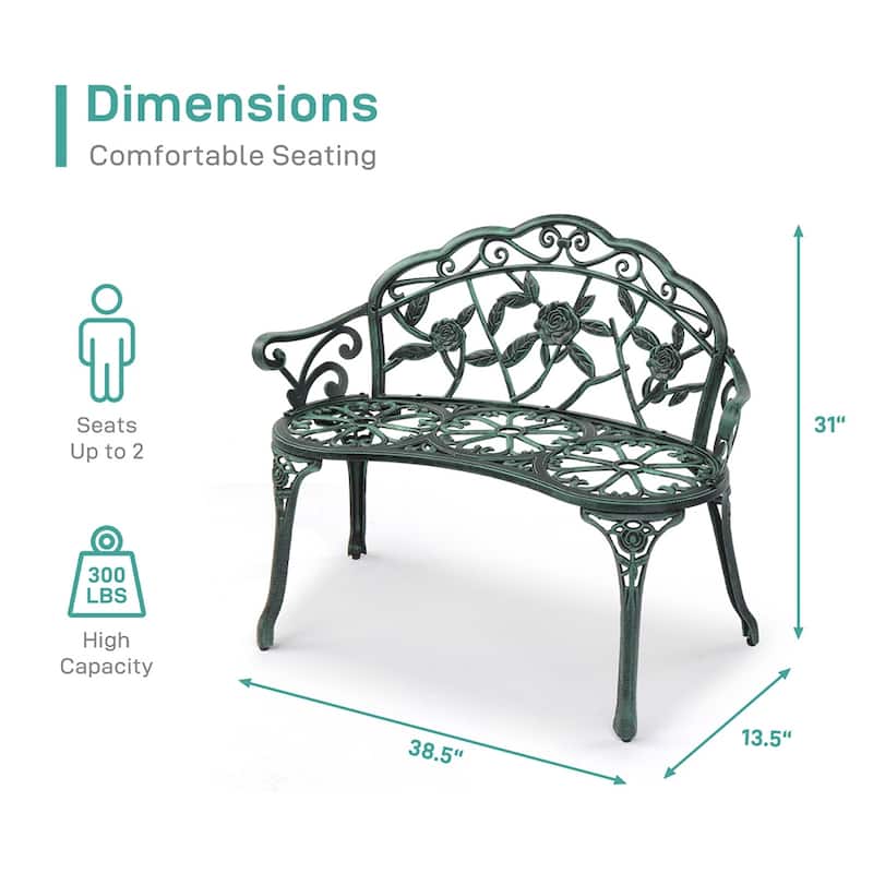Outdoor Cast Aluminum Patio Bench with Curved Legs Rose Pattern