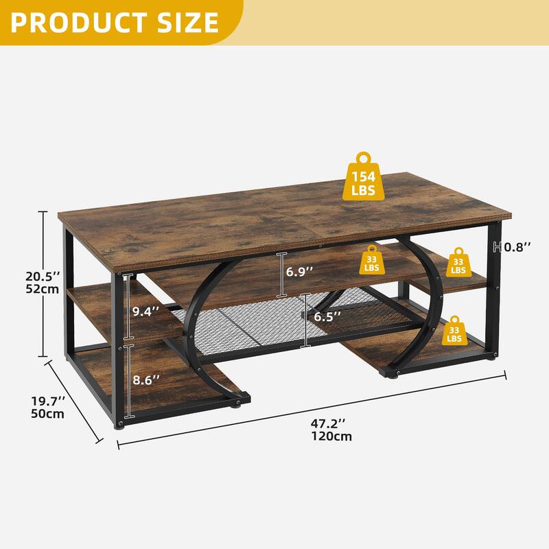 Moasis Industrial Rectangle Metal Coffee Table with Shelves for Living Room
