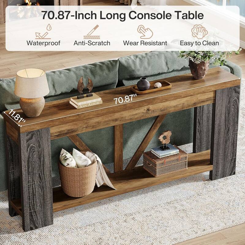 70.9 Inches Brown Engineered Wood Console Table, 2-Tier Behind Couch Sofa Table for Living Room