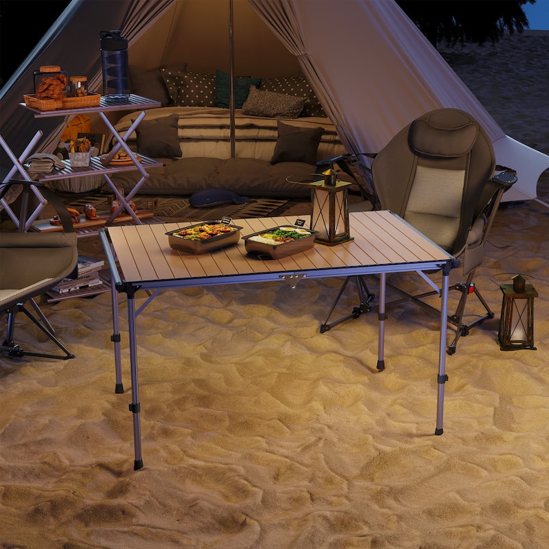 Light Brown Aluminum Adjustable Folding Picnic Table for Outdoor Use - 51.2" L x 31.5" W x 20.9"-28" H