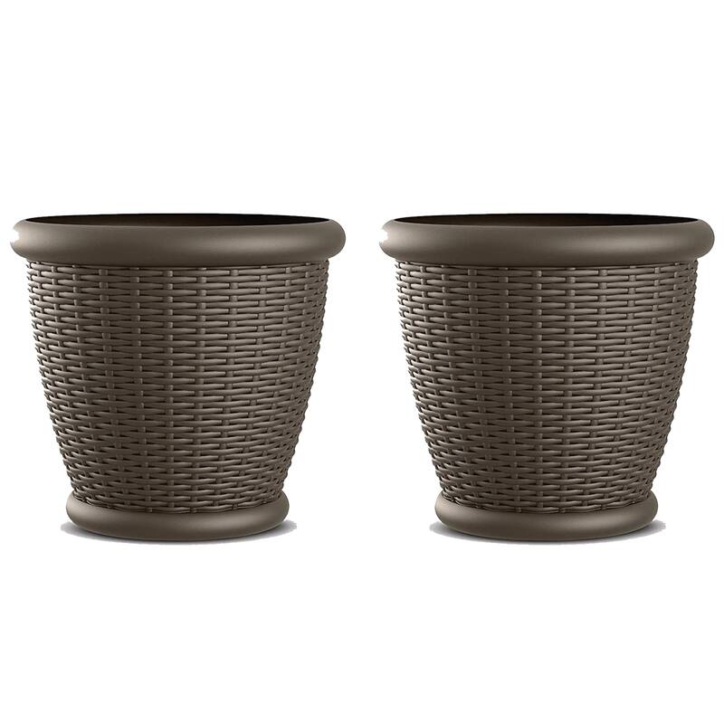 Suncast Willow 18" Diameter Decorative Wicker Patio Planter Pot, Java (2 Pack) - 3.15