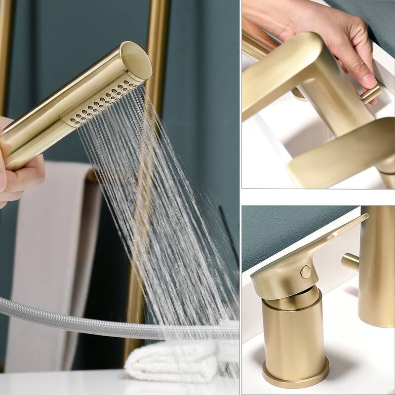 Deck Mounted 3-Hole Bathtub Faucet Widespread Mixer Faucet with Hand Shower
