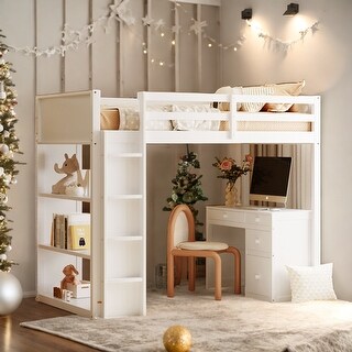 Twin Size Loft Bed with Ladder, Shelves and Desk, Maximized Space, White