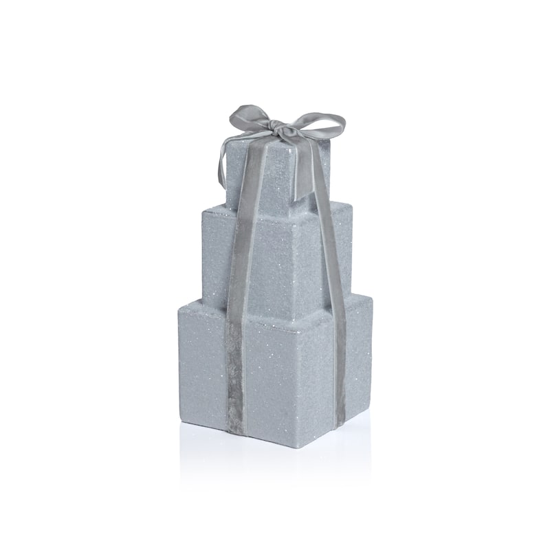 Stacked Presents Holiday Decorative Resin Figurine, 8.5" Tall - Silver