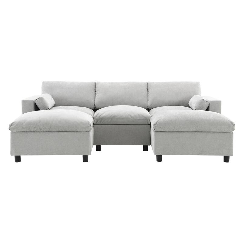 86.5" Chenille Modular Sectional Sofa with Storage Pockets, 5-Seater U-Shaped Couch Set amd 2 Movable Ottomans