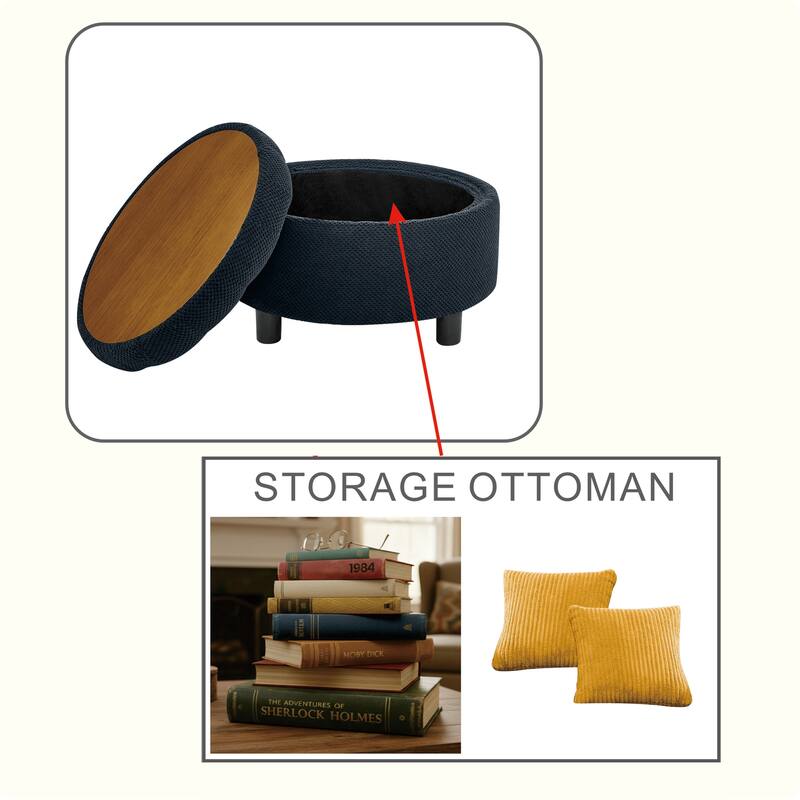 Round Storage Ottoman with Lift-Off Tray and Upholstered Fabric