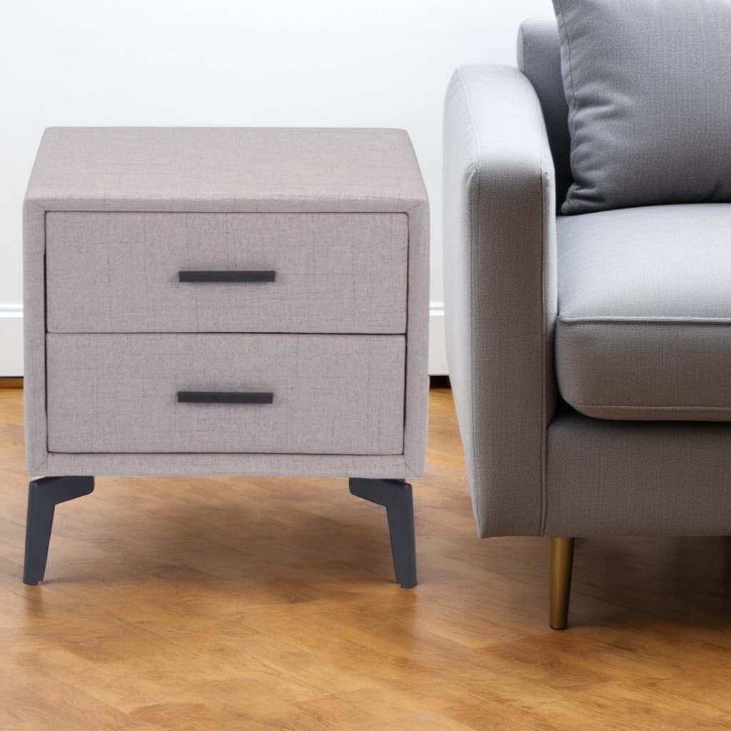 HomeRoots 20" Gray and Black Fabric Wood and Steel End Table With Two Drawers - 20' X '19.7' X '16