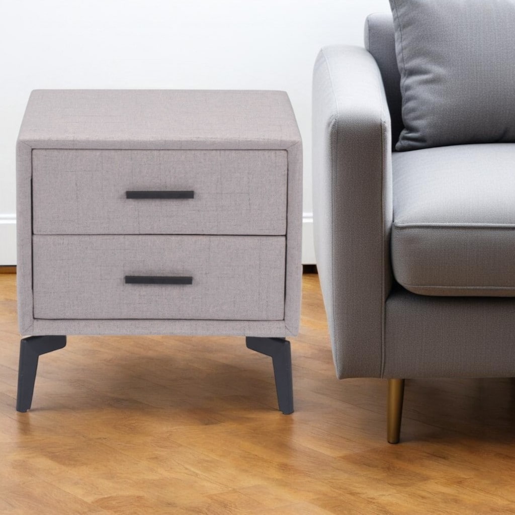HomeRoots 20" Gray and Black Fabric Wood and Steel End Table With Two Drawers - 20' X '19.7' X '16